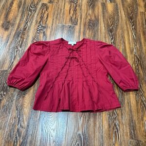 PINCH Burgundy Pintuck Puff Sleeve Tie Front Blouse Red Peasant Top S Womens